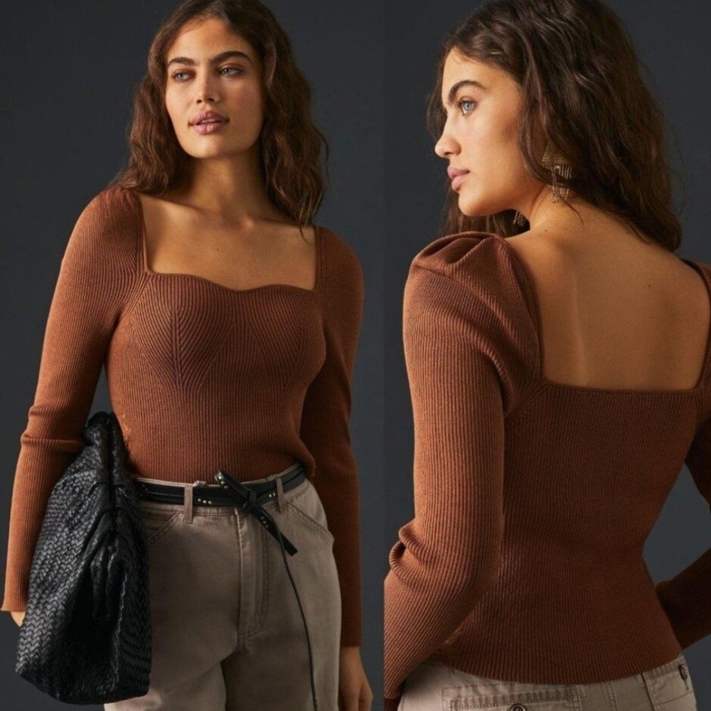 Anthropologie Callahan Sweetheart Sweater ribbed brown long sleeve XL